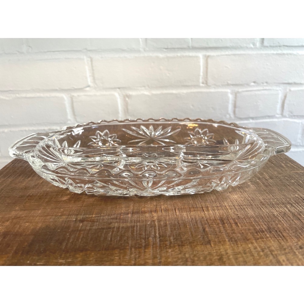Vintage Clear Glass Divided Relish Tray with Starburst Pinwheel Design & Handles